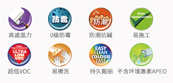高遮盖力、0级防霉防潮抗碱、易施工、超低VOC、易擦洗、持久靓丽、不含环境激素APEO